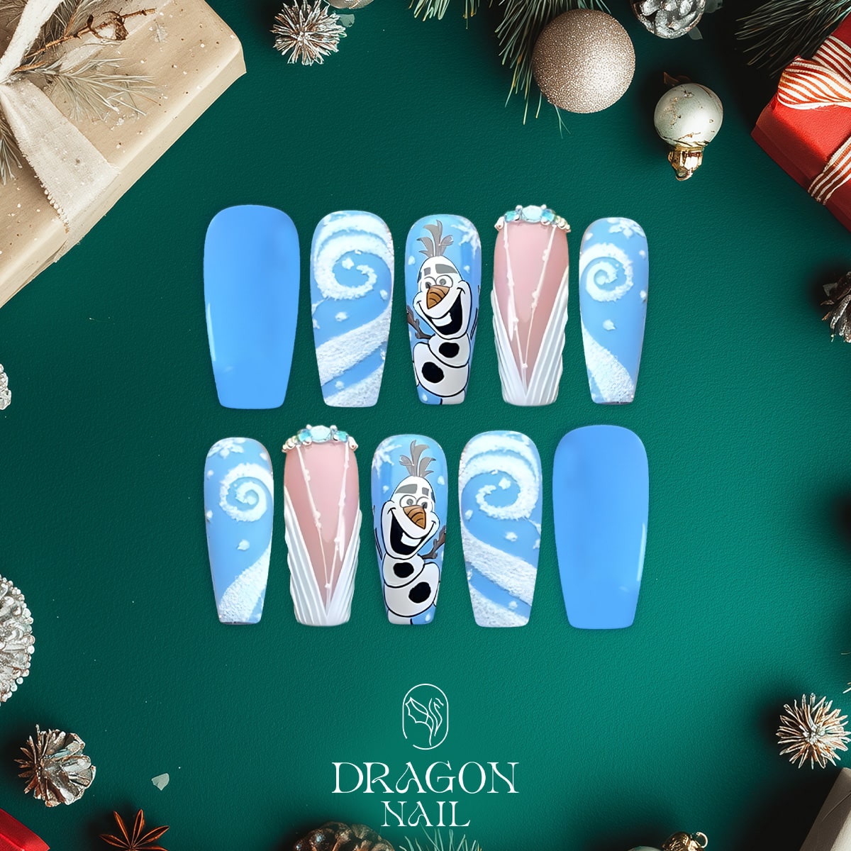 New Trending Olaf Press-On Nails – Frozen Inspired Blue &amp; White Winter Snow Swirl Design