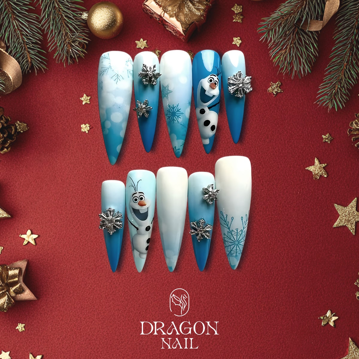 New Trending Olaf Frozen Press-On Nails – Blue &amp; White Snowflake Winter Nail Design