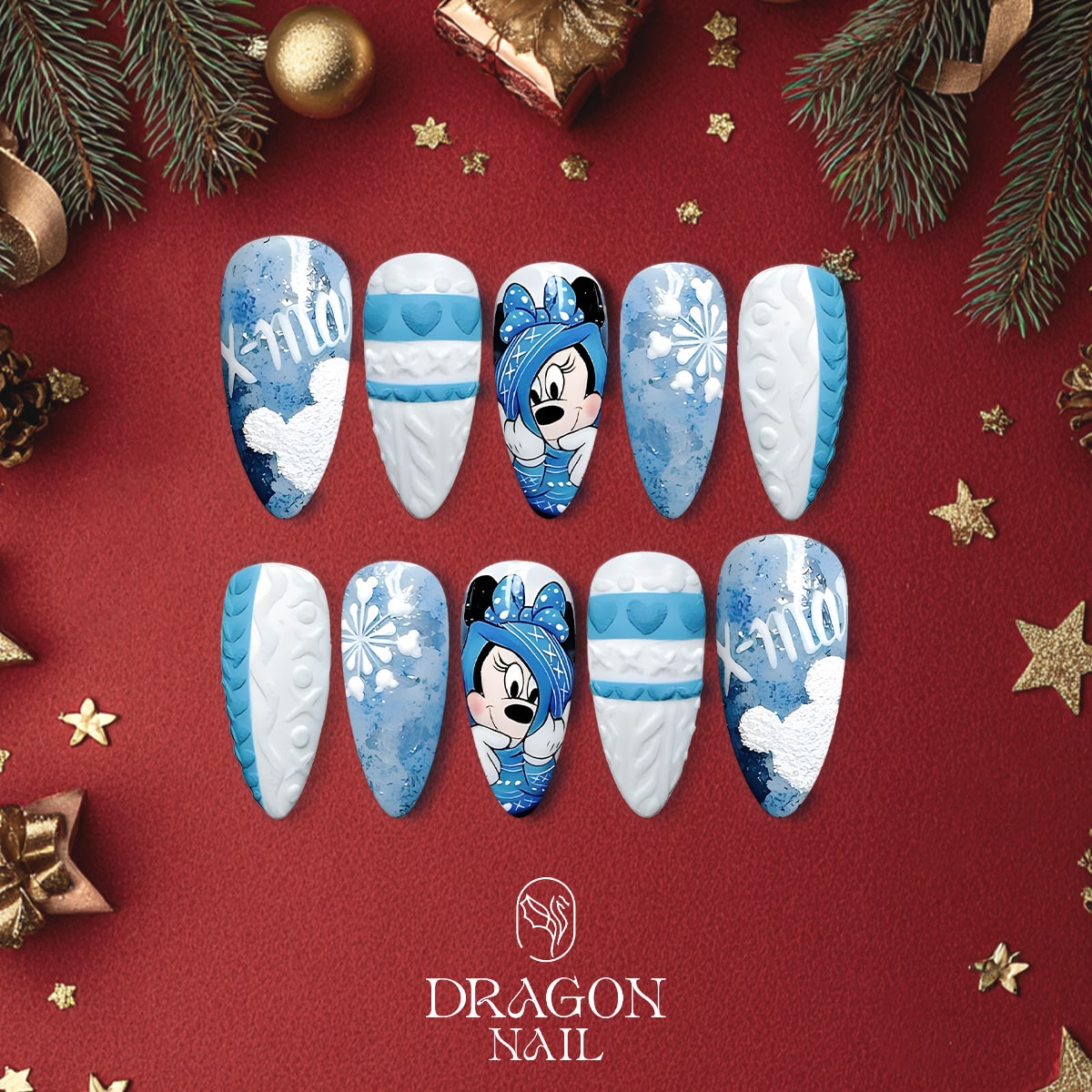 New Trending Minnie Mouse Winter Press-On Nails – Blue Sweater &amp; Snowflake Christmas Design