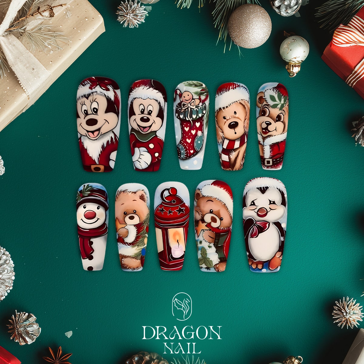 New Trending Christmas Cartoon Press-On Nails – Mickey, Teddy Bear, Penguin &amp; Snowman Holiday Nail Art