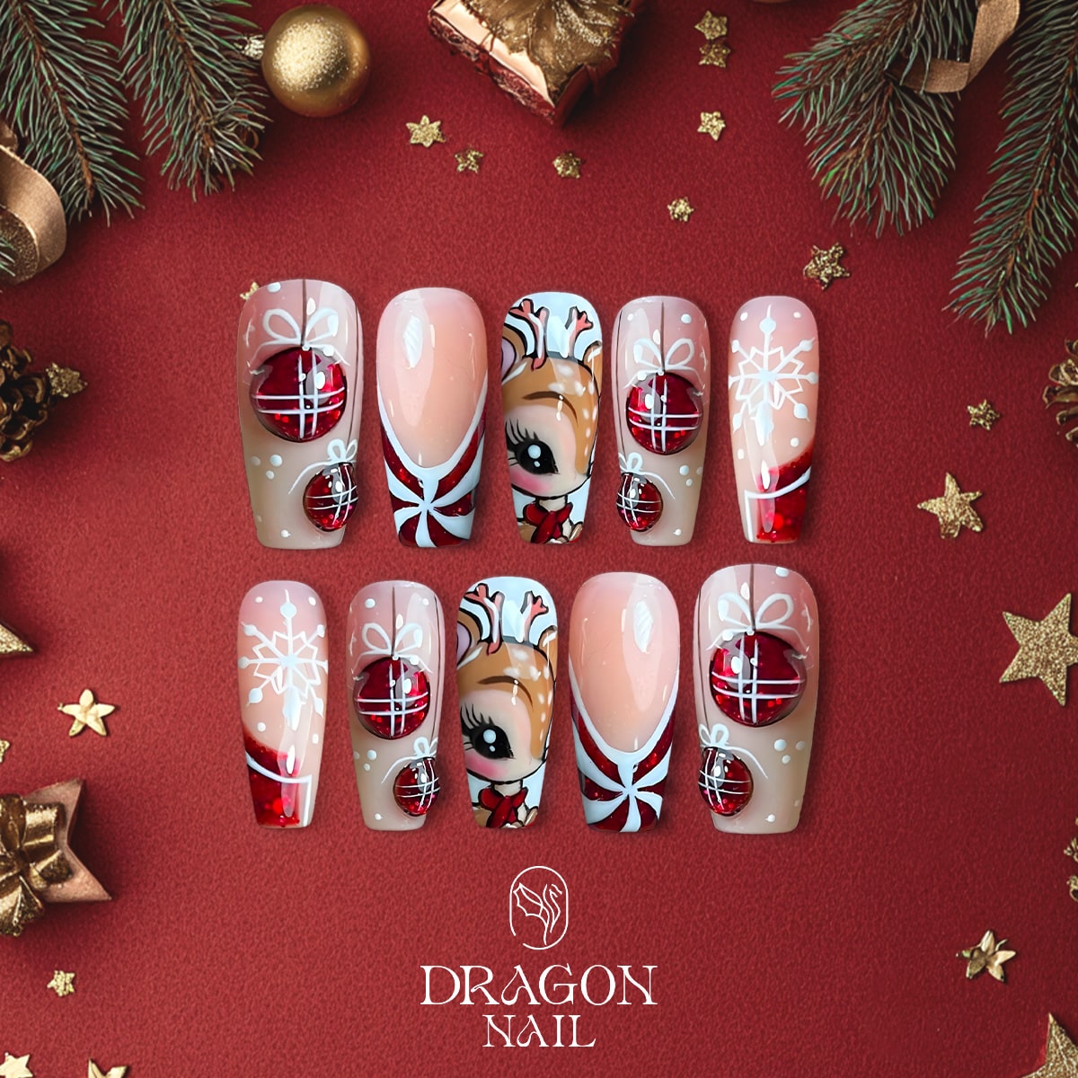 New Trending Reindeer Christmas Press-On Nails – Cute Rudolph, Red Ornaments &amp; Snowflake Holiday Nail Design