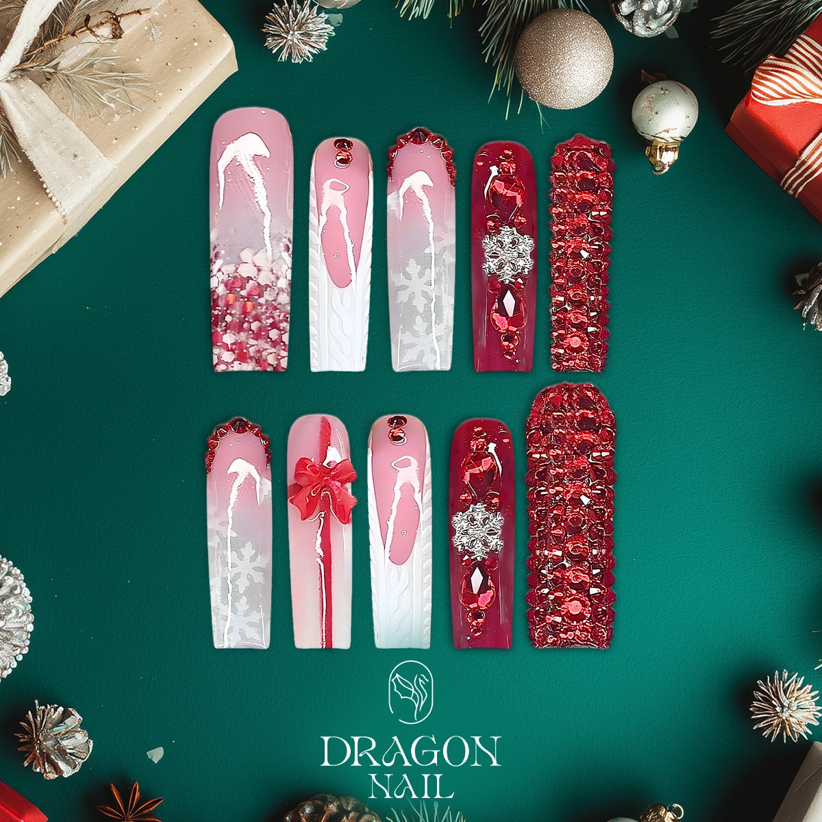 Red Rhinestone Christmas Press-On Nails – Long Coffin Shape, Snowflake &amp; Sweater Design, Festive 3D Accents