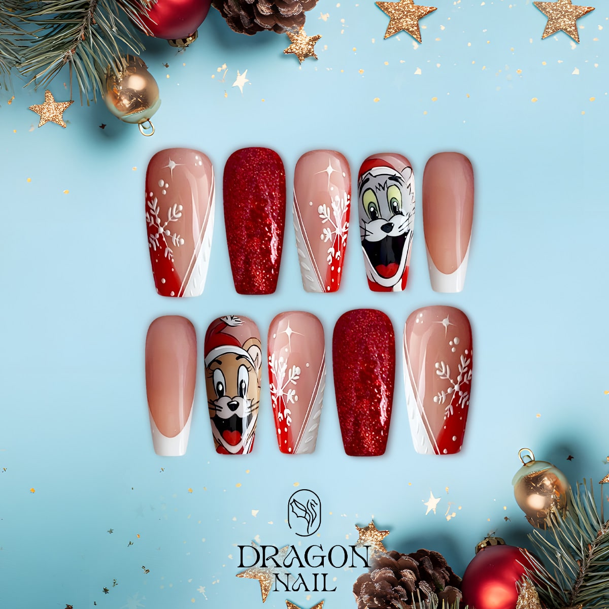 New Trending Tom and Jerry Christmas Press-On Nails – Red Glitter, Snowflake &amp; Cartoon Holiday Nail Design