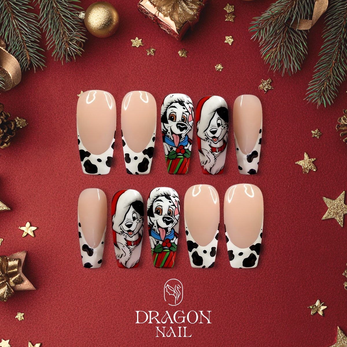 New Trending 101 Dalmatians Christmas Press-On Nails – Cute Puppy Holiday Design, Black &amp; White Spots
