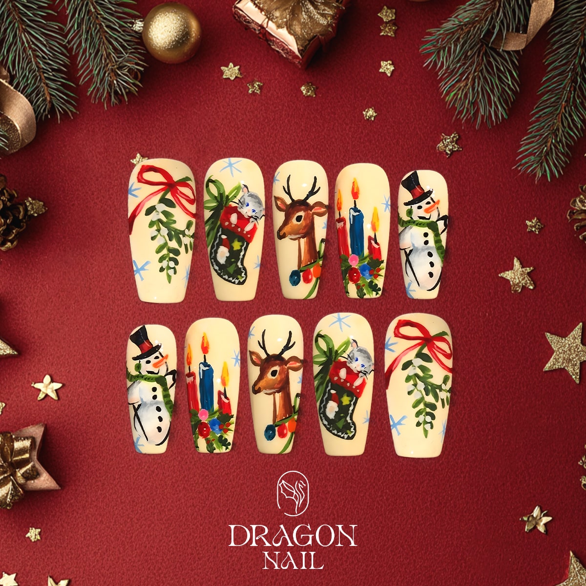 Christmas Reindeer Nails, Hand-Painted Holiday Press-On Set, Cozy Winter Look, Limited Edition