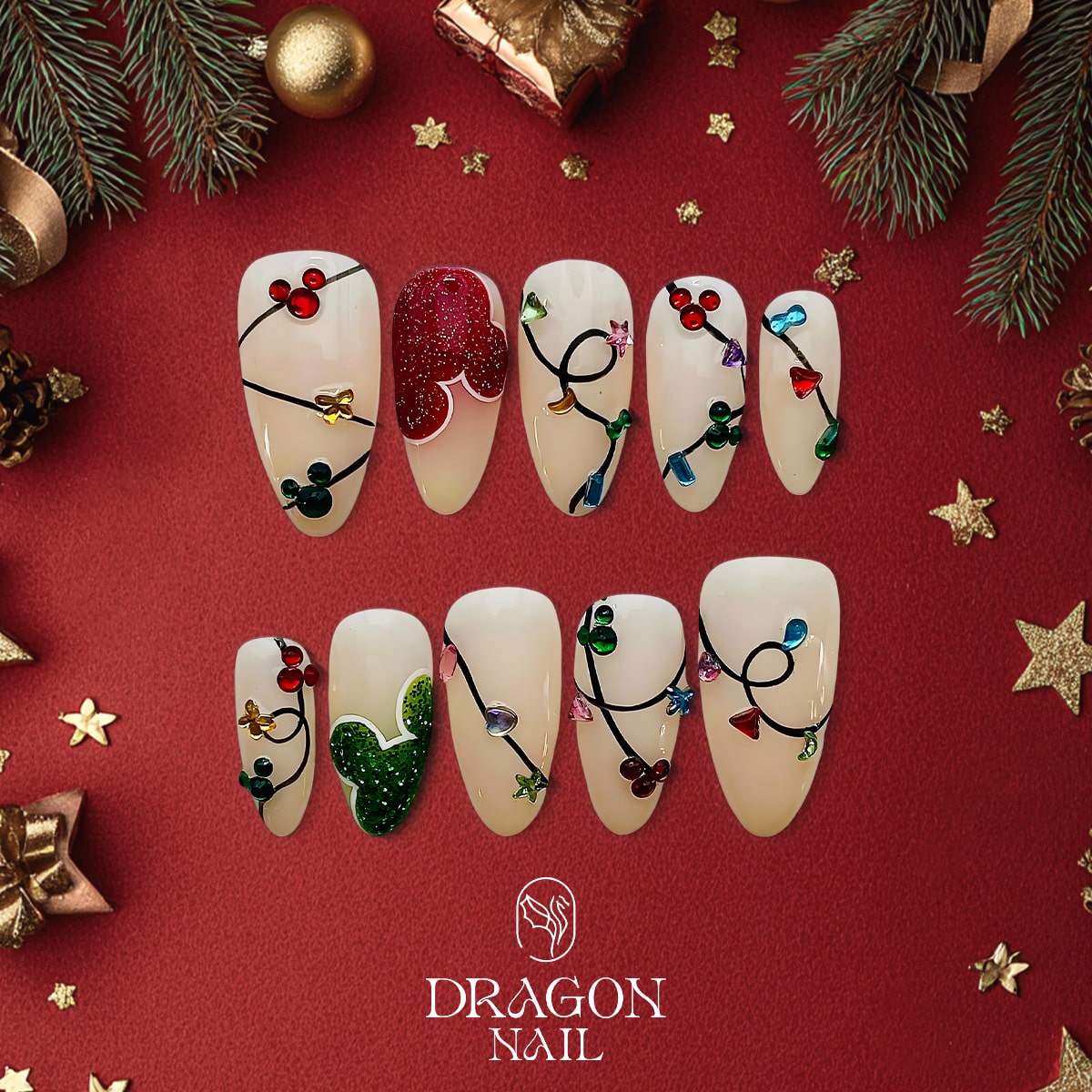 Mickey Christmas Nails, Reusable Press-On Set, Festive Disney Lights Design, Limited Edition
