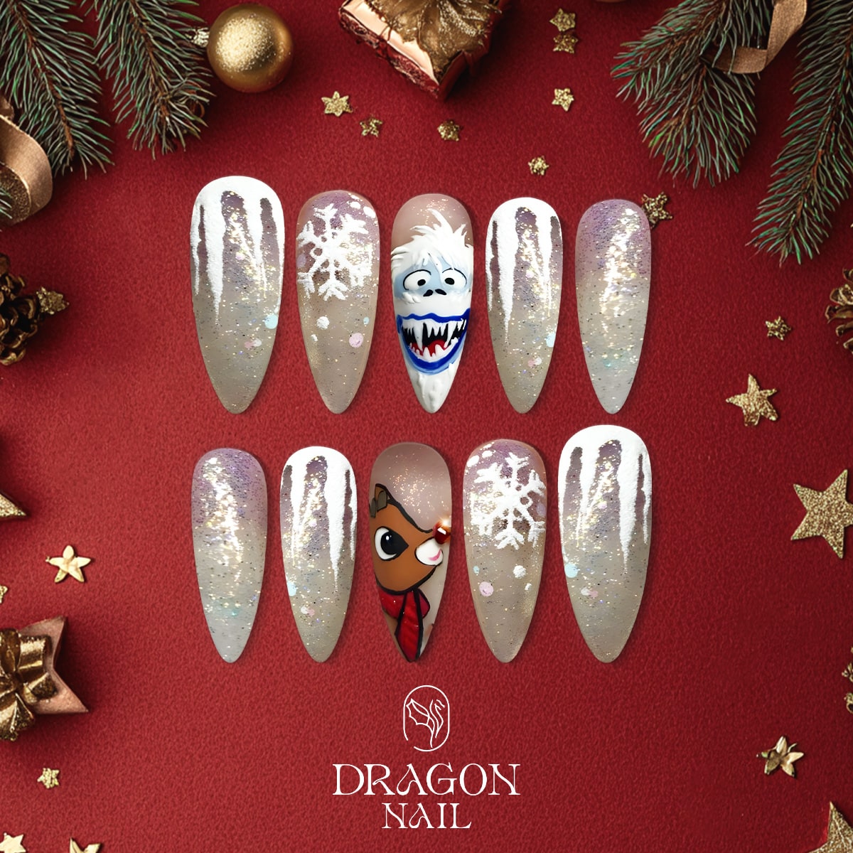 Rudolph Christmas Nails, Reusable Press-On Set, Glitter Winter Look, Limited Edition