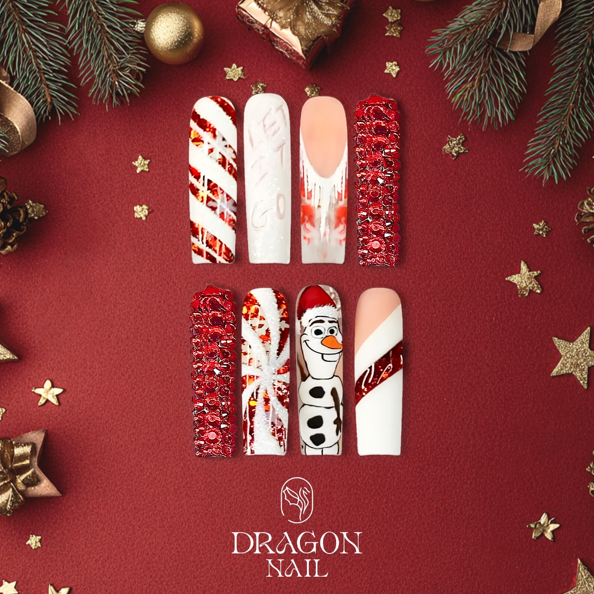 Frozen Olaf Christmas Press-On Nails – Red &amp; White Glitter Candy Cane Design, Long Coffin Shape