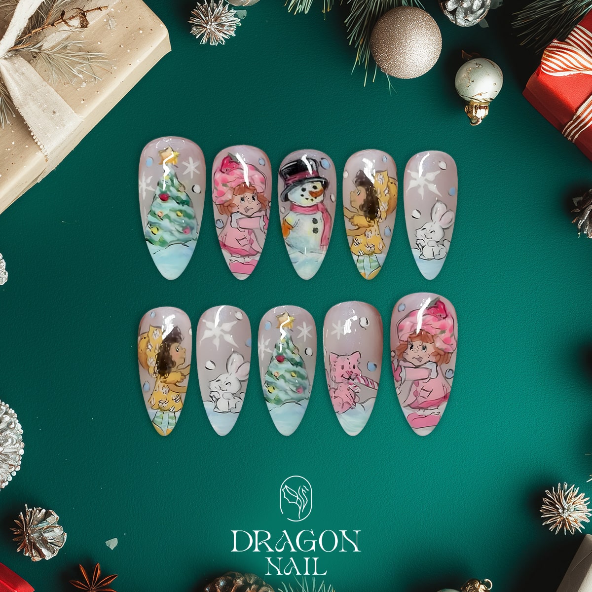 Pastel Christmas Nails, Reusable Press-On Set, Cute Winter Art Design, Limited Edition