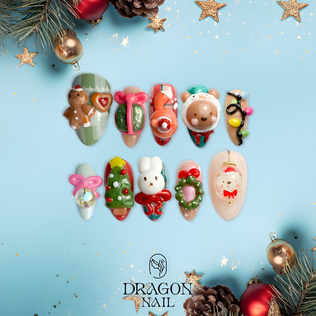 3D Christmas Nails, Reusable Press-On Set, Cute Holiday Kawaii Design, Limited Edition