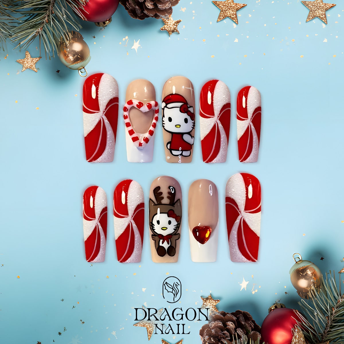 Hello Kitty Christmas Nails, Reusable Press-On Set, Candy Cane Holiday Look, Limited Edition