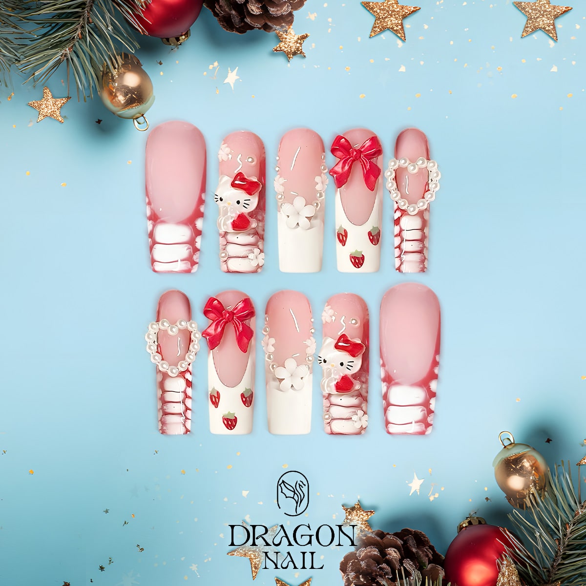 Hello Kitty 3D Strawberry Nails, Reusable Press-On Set, Sweet Kawaii Look, Limited Edition