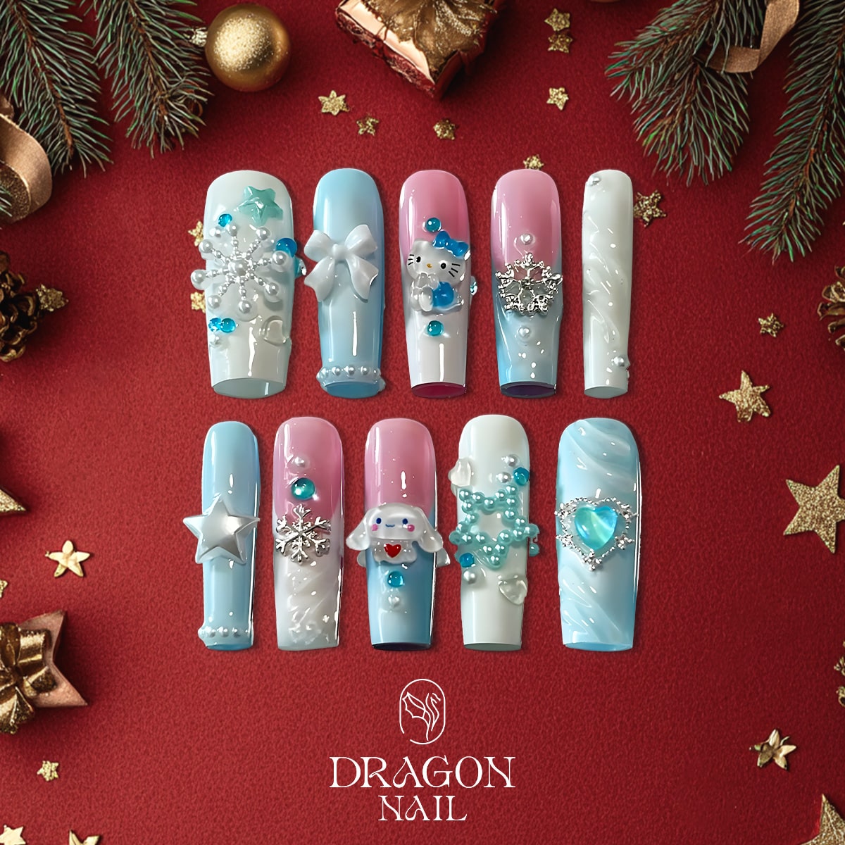 Hello Kitty &amp; Cinnamoroll 3D Frosty Nails, Reusable Press-On Set, Pastel Winter Look, Limited Edition