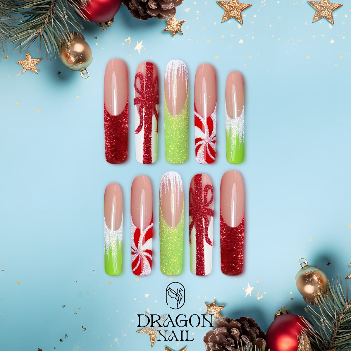 Christmas Gift Box Nails, Reusable Press-On Set, Red &amp; Green Holiday Glam, Limited Edition