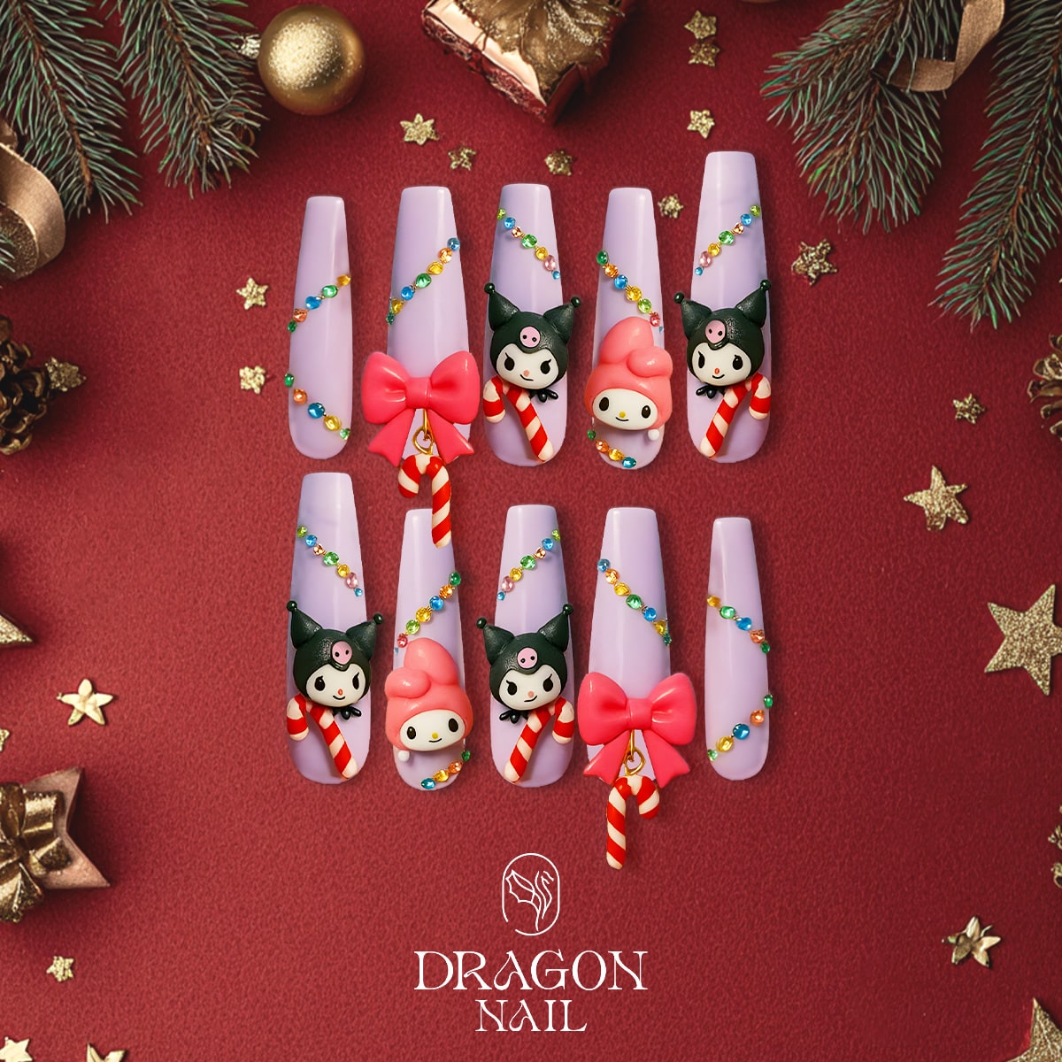 Kuromi &amp; My Melody Christmas Press-On Nails – Lilac Long Coffin Shape, 3D Bows &amp; Candy Cane Charms