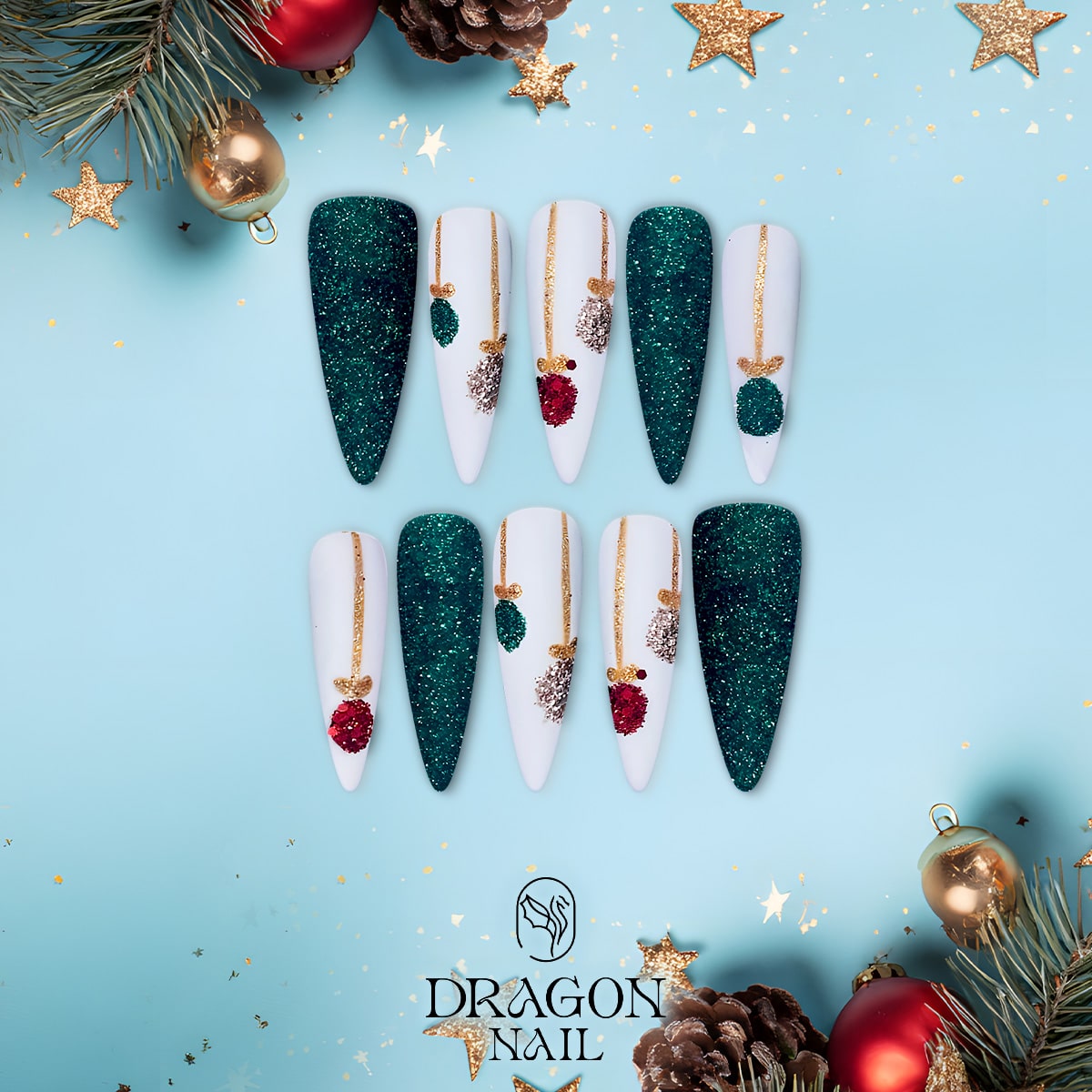 Emerald Green Christmas Ornament Press-On Nails – White &amp; Gold Glitter Holiday Design, Almond Shape