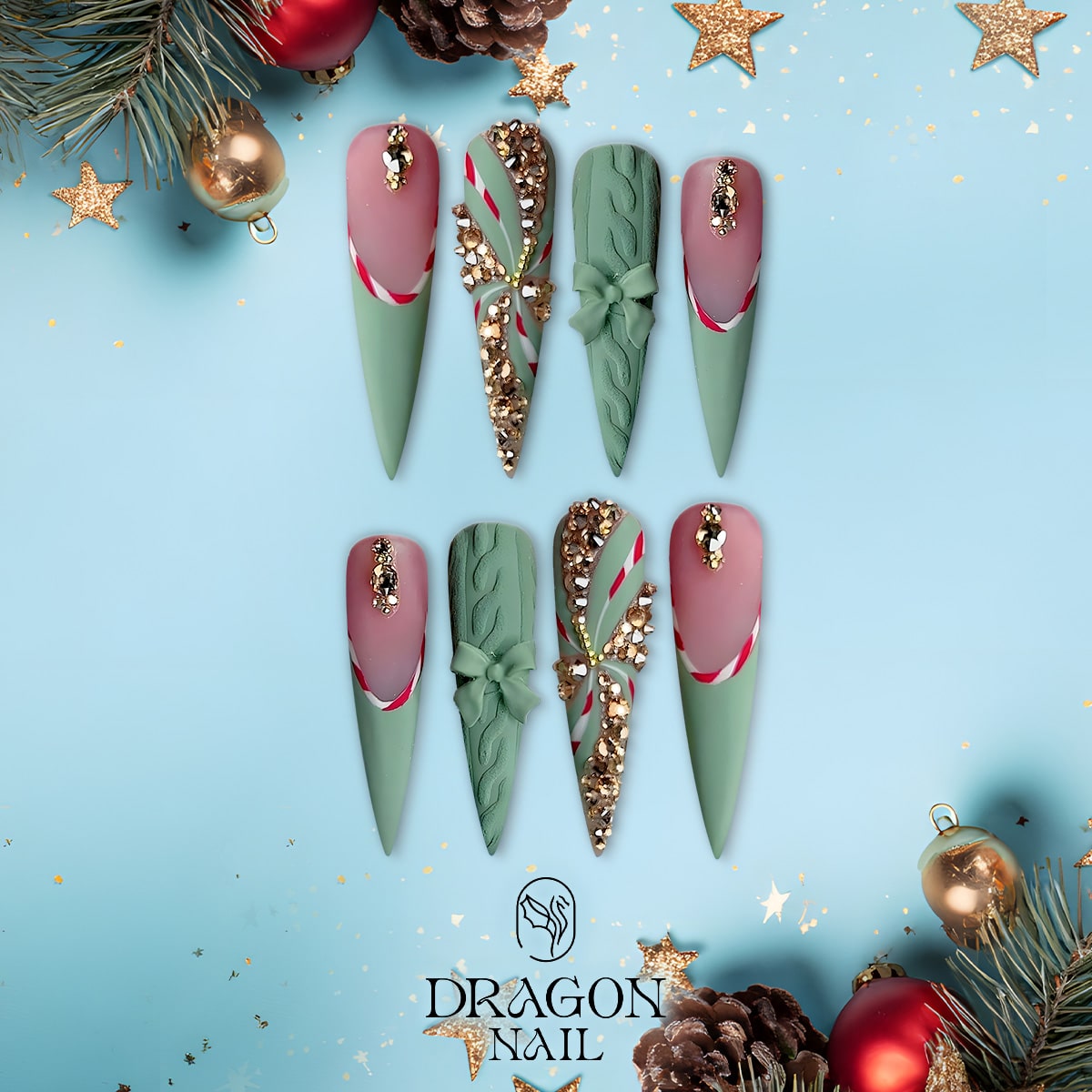 Mint Green Candy Cane Christmas Press-On Nails – Matte &amp; Rhinestone Holiday Design, Extra Long Stiletto Shape