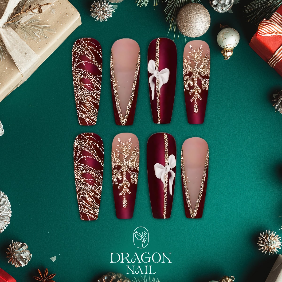 Matte Burgundy &amp; Gold Christmas Press-On Nails – 3D Bow &amp; Snowflake Design