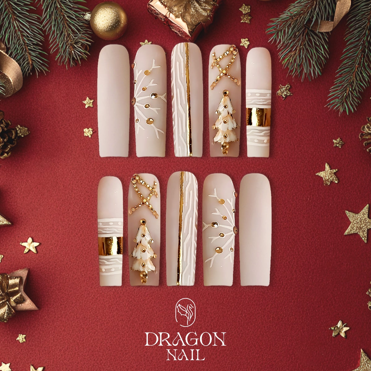 Nude Matte Christmas Press-On Nails – New Trending Gold Tree &amp; Snowflake Design