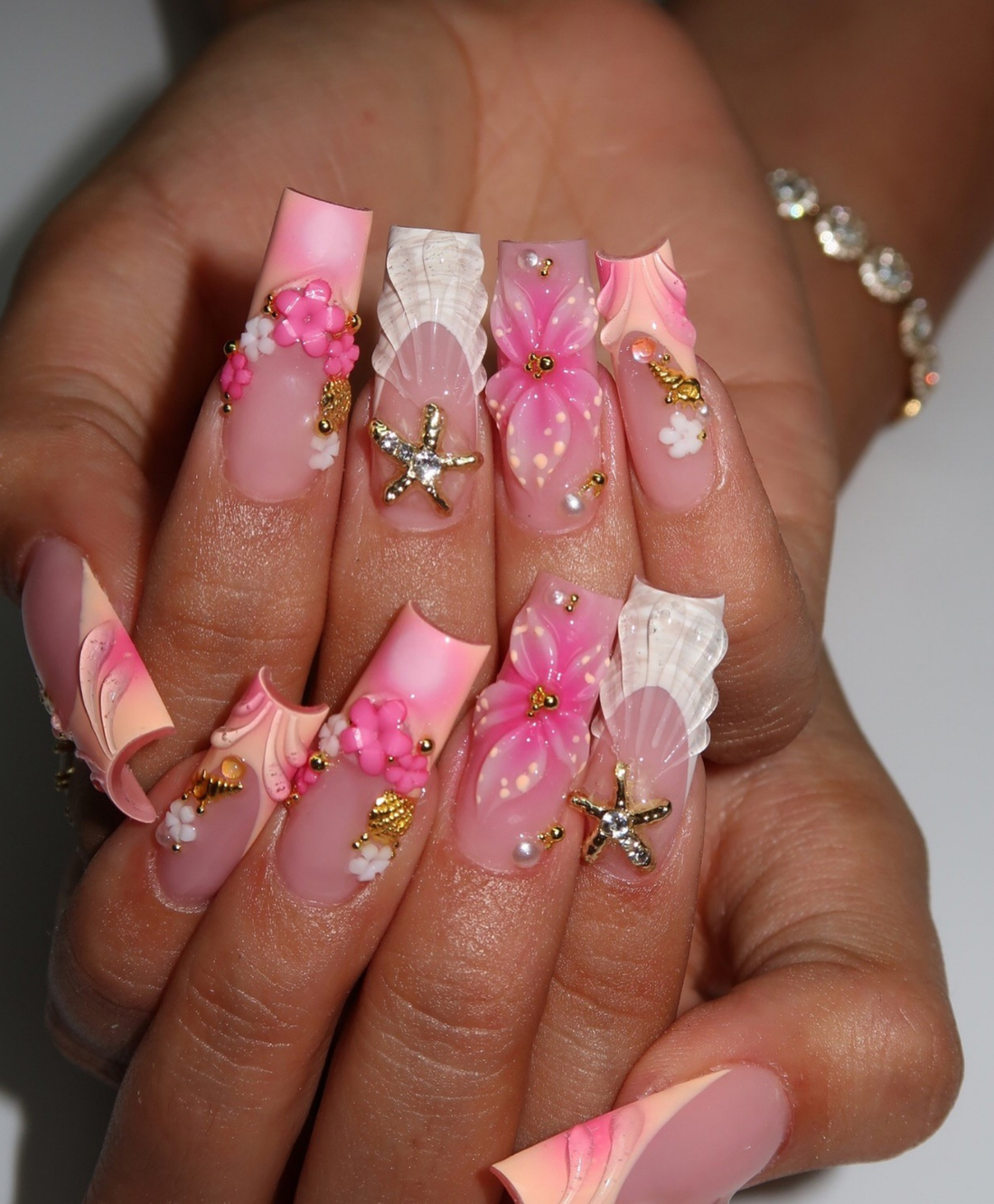 Handmade 3D Pink Tropical Flower Press On Nails | Sculpted Shell & Starfish Luxury Fake Nails | Long Square Mermaid Nails for Summer Vacation
