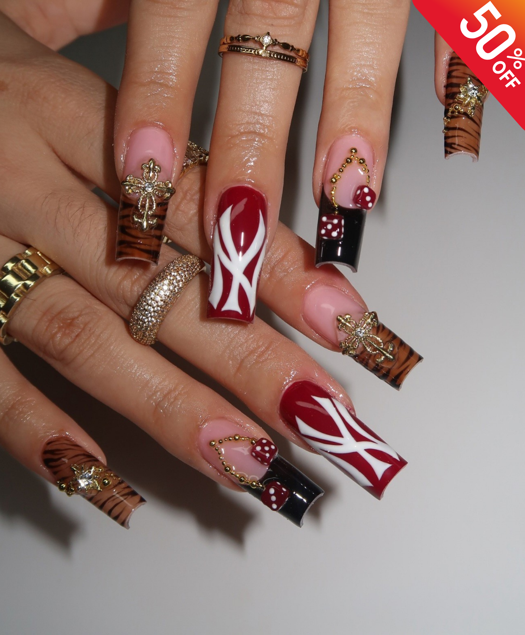 Handmade Y2K NY Logo & Tiger Print Press On Nails | Red Dice & Gold Cross Luxury Fake Nails | Long Square Streetwear Baddie Nails for Party