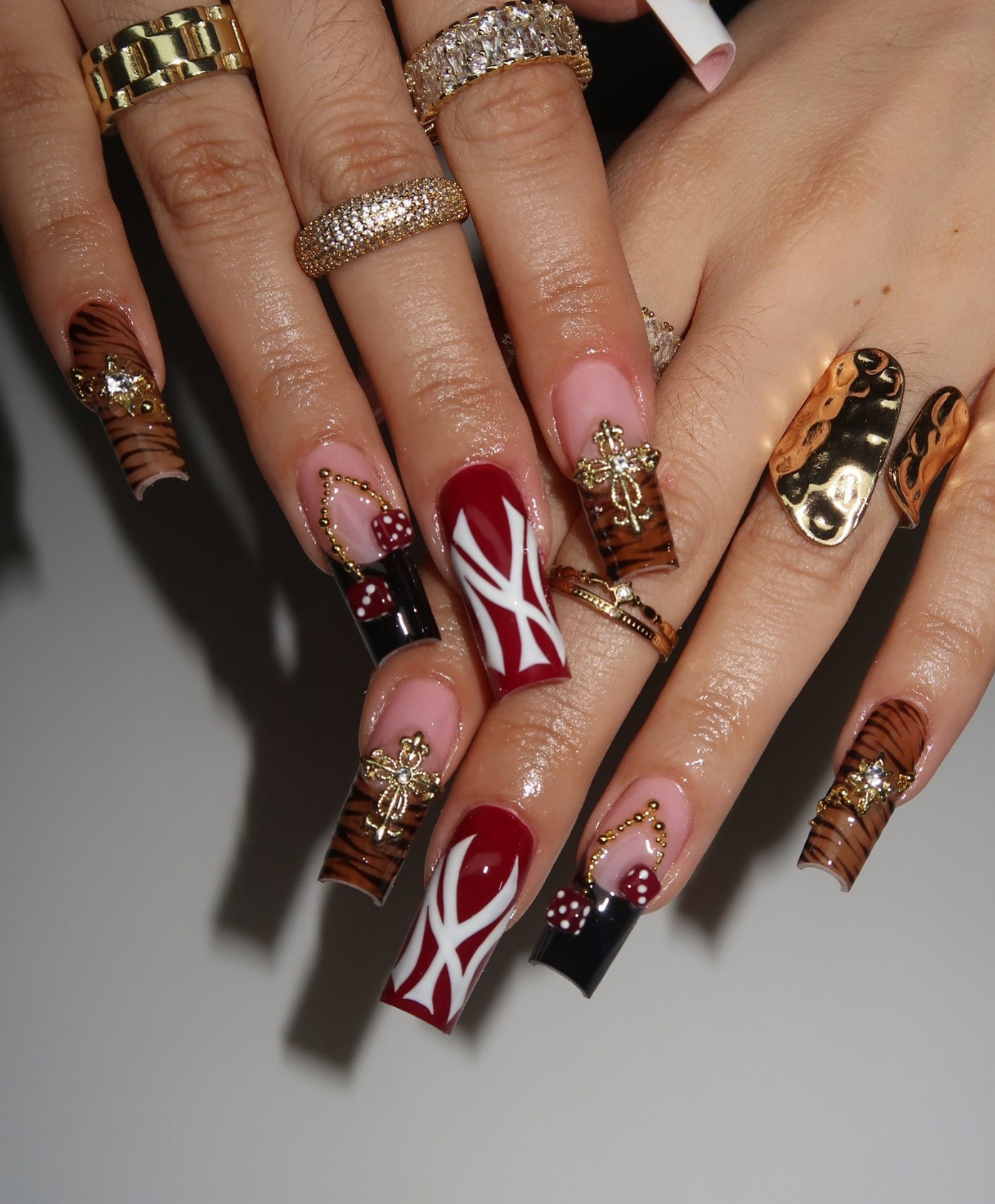 Handmade Y2K NY Logo & Tiger Print Press On Nails | Red Dice & Gold Cross Luxury Fake Nails | Long Square Streetwear Baddie Nails for Party
