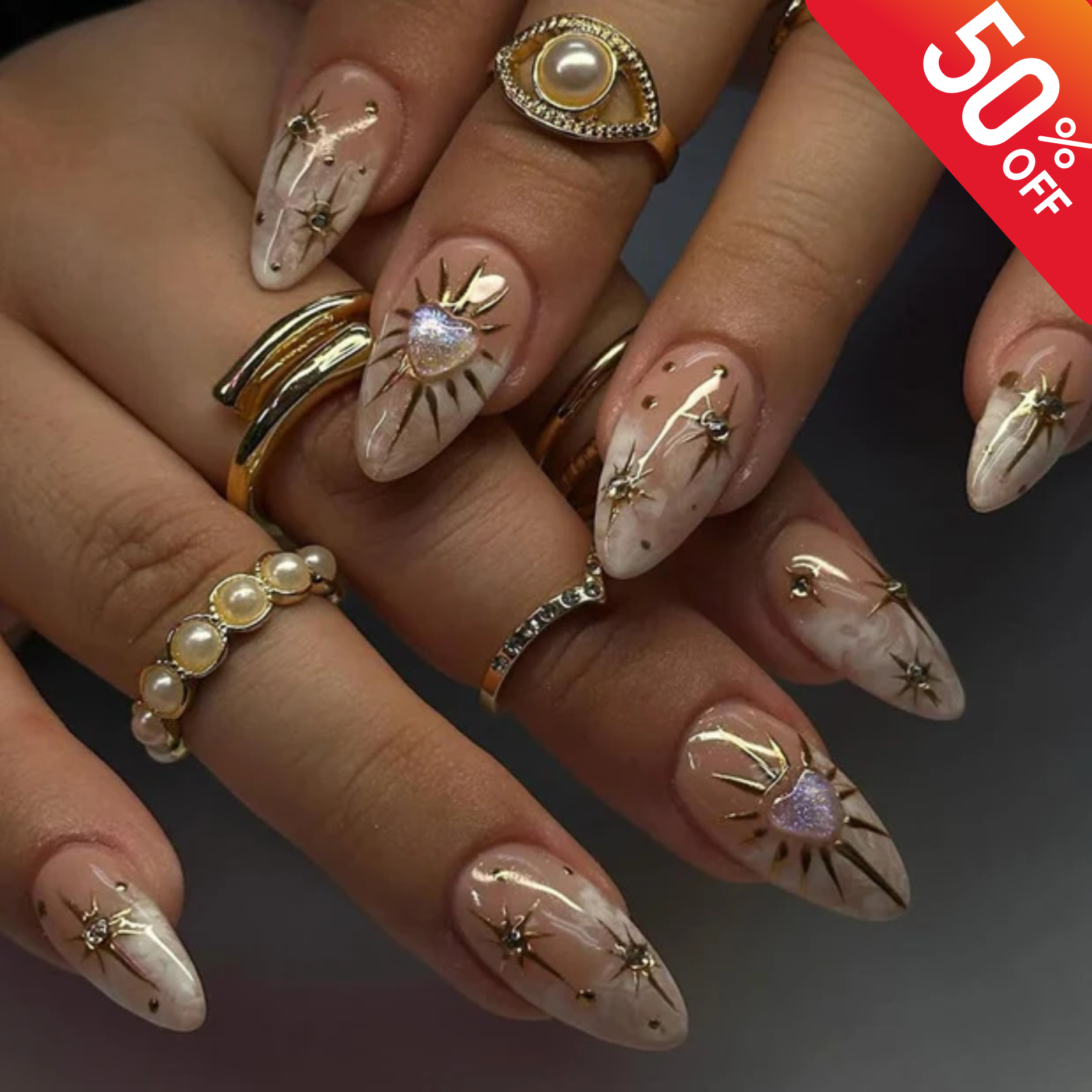 Luxury Nude Gold Almond Nails | Shimmer Gold & Star Fake Nails | Elegant Astrology Nail Art | Ethereal Sun Short Press On Nails