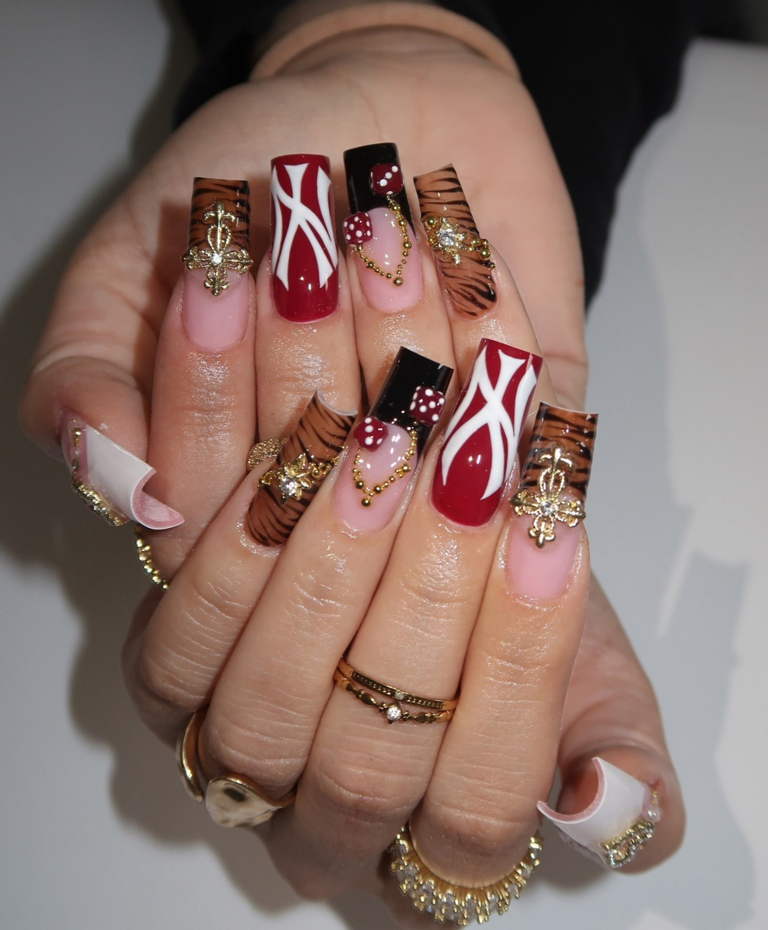 Handmade Y2K NY Logo & Tiger Print Press On Nails | Red Dice & Gold Cross Luxury Fake Nails | Long Square Streetwear Baddie Nails for Party