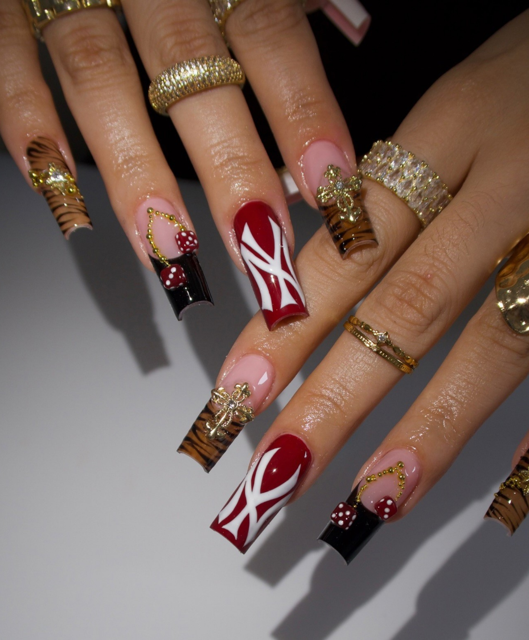 Handmade Y2K NY Logo & Tiger Print Press On Nails | Red Dice & Gold Cross Luxury Fake Nails | Long Square Streetwear Baddie Nails for Party