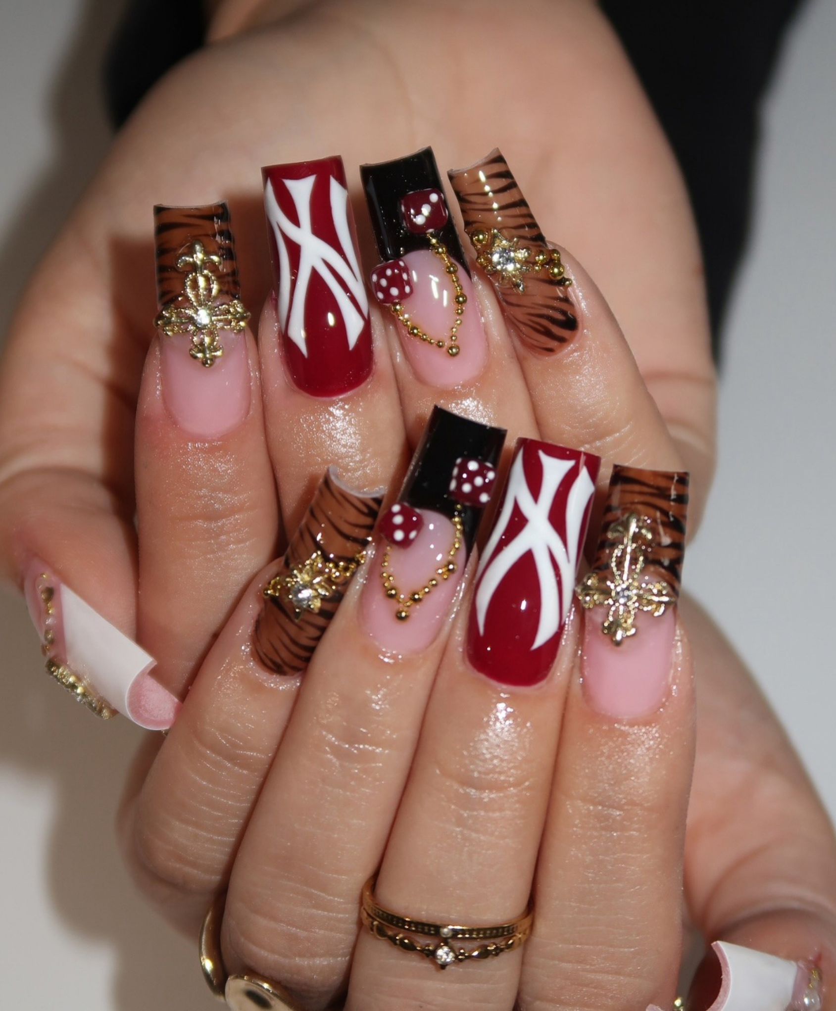 Handmade Y2K NY Logo & Tiger Print Press On Nails | Red Dice & Gold Cross Luxury Fake Nails | Long Square Streetwear Baddie Nails for Party