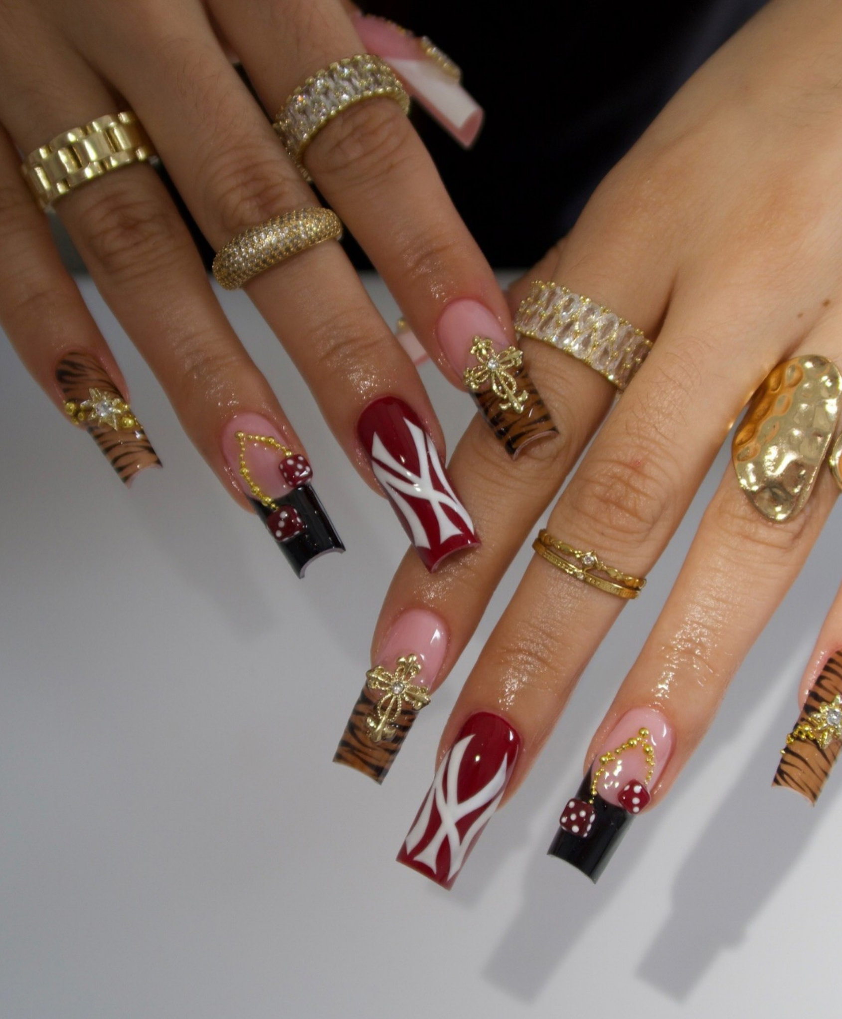 Handmade Y2K NY Logo & Tiger Print Press On Nails | Red Dice & Gold Cross Luxury Fake Nails | Long Square Streetwear Baddie Nails for Party
