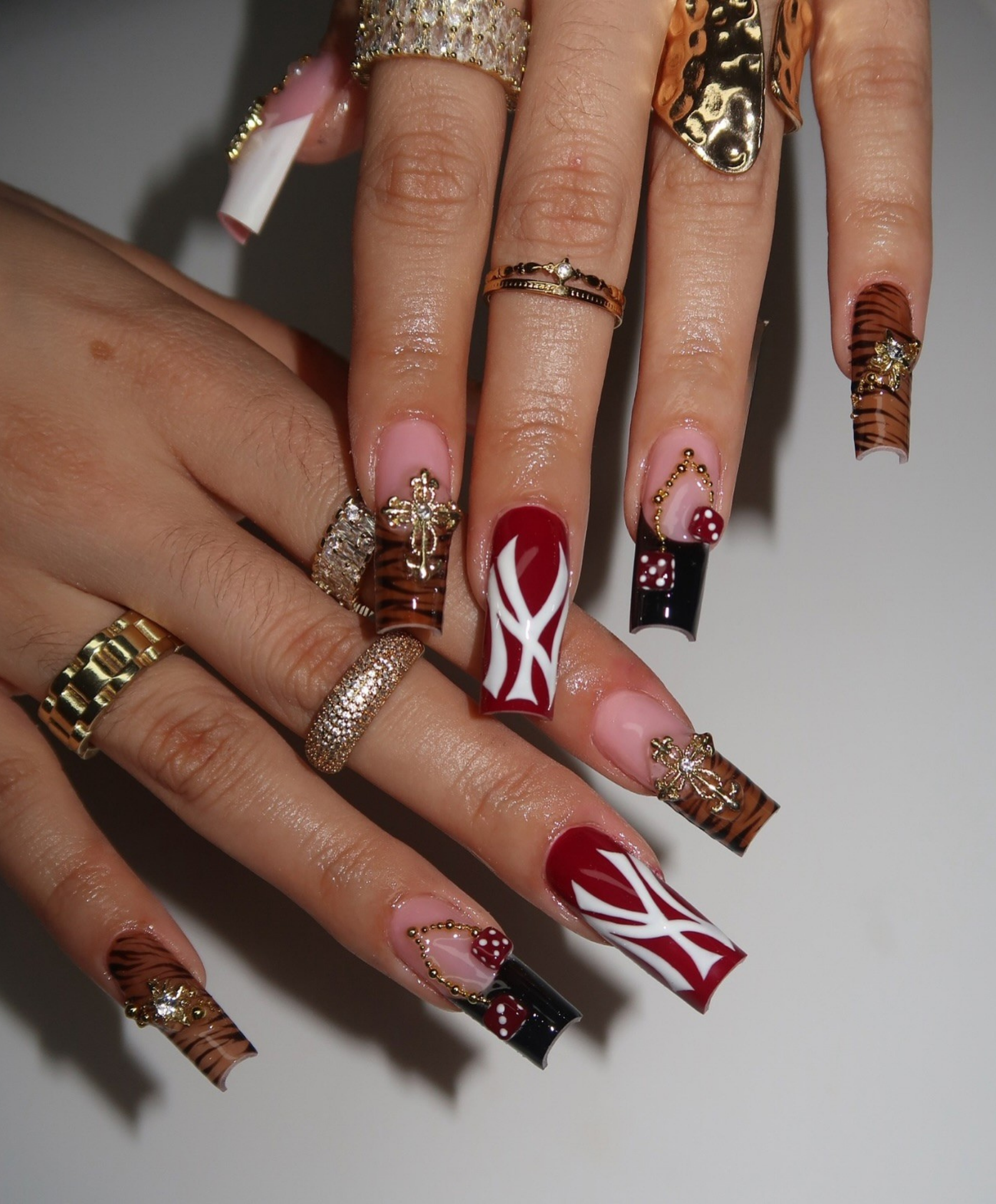 Handmade Y2K NY Logo & Tiger Print Press On Nails | Red Dice & Gold Cross Luxury Fake Nails | Long Square Streetwear Baddie Nails for Party