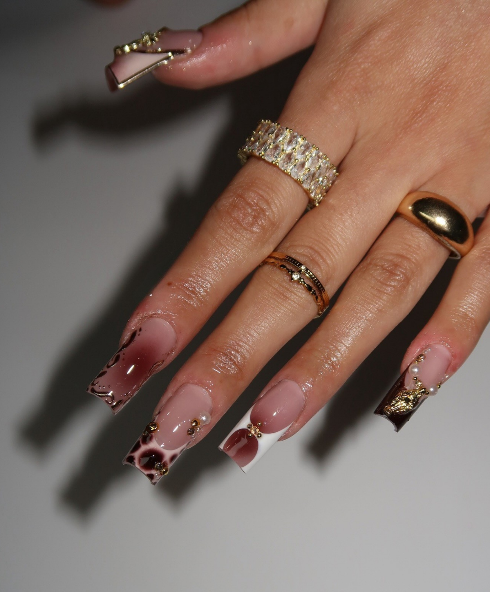 Handmade Dark Red Aura & Animal Print Press On Nails | Gothic Cross & Pearl Luxury Fake Nails | Long Square Burgundy Nails for Date Night