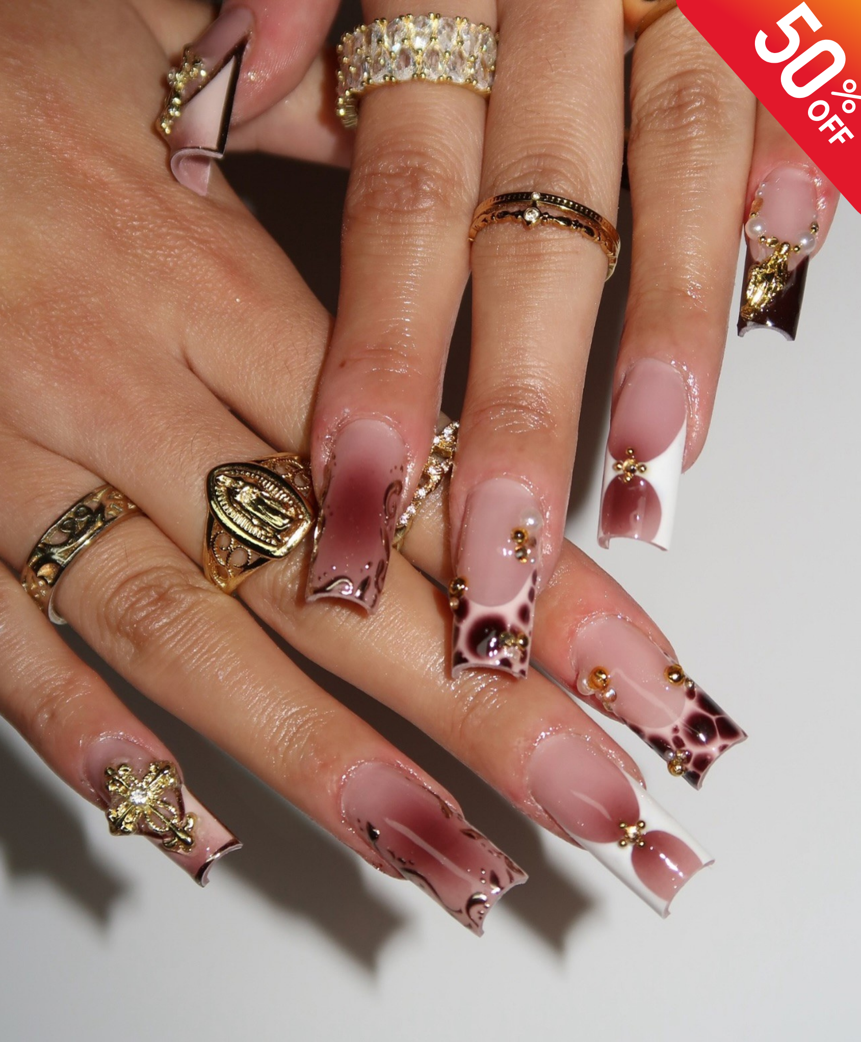 Handmade Dark Red Aura & Animal Print Press On Nails | Gothic Cross & Pearl Luxury Fake Nails | Long Square Burgundy Nails for Date Night