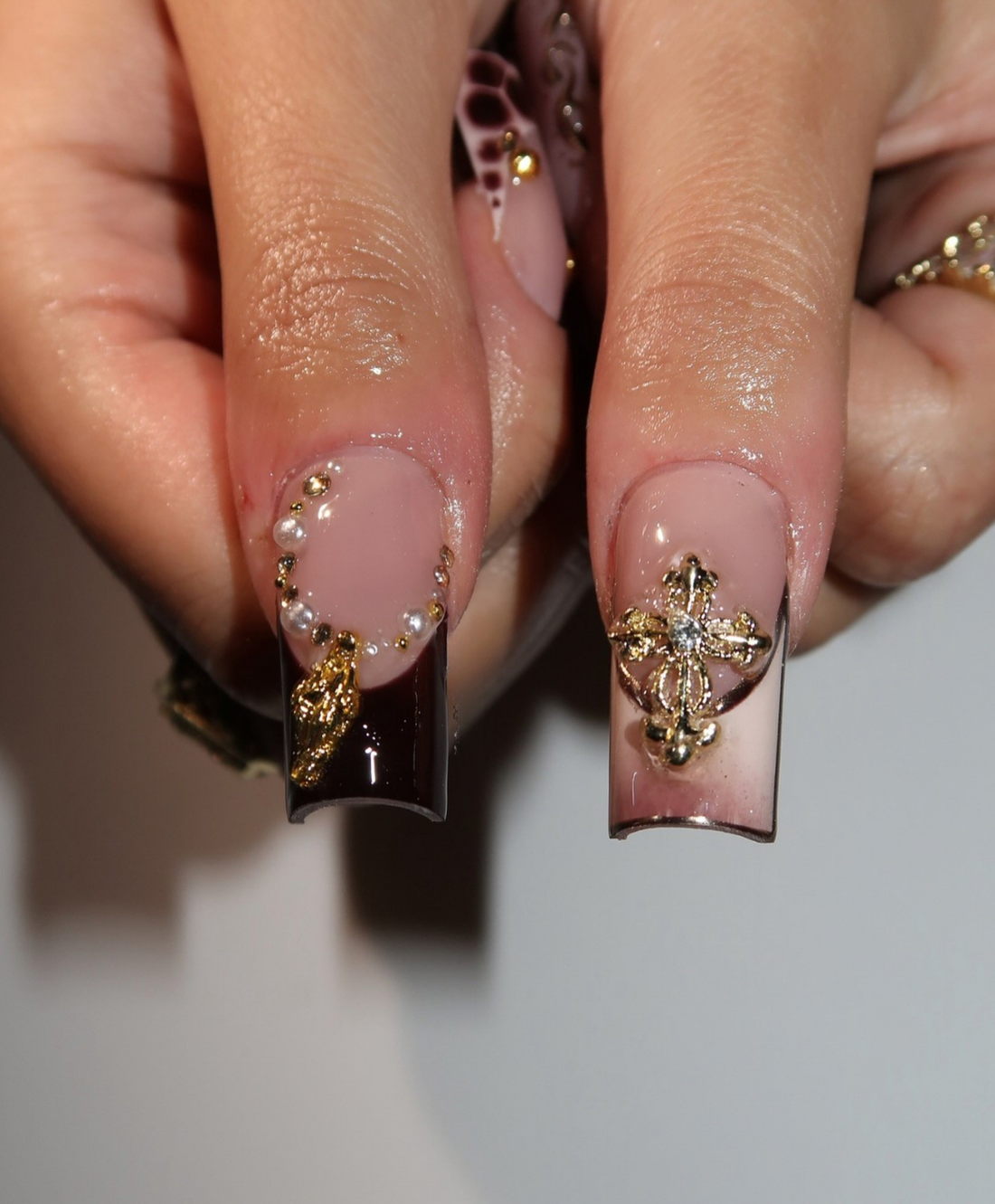 Handmade Dark Red Aura & Animal Print Press On Nails | Gothic Cross & Pearl Luxury Fake Nails | Long Square Burgundy Nails for Date Night