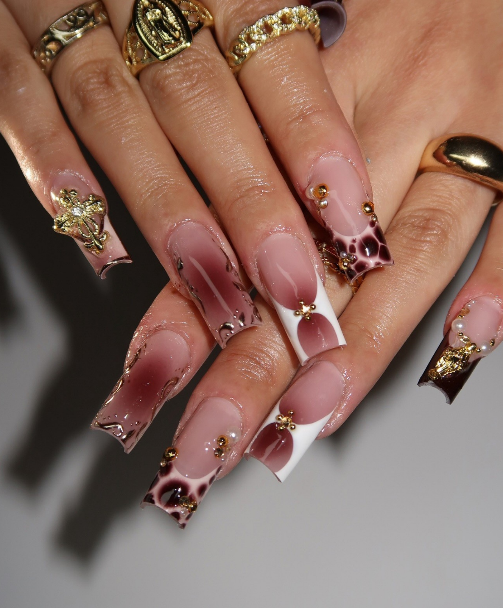 Handmade Dark Red Aura & Animal Print Press On Nails | Gothic Cross & Pearl Luxury Fake Nails | Long Square Burgundy Nails for Date Night