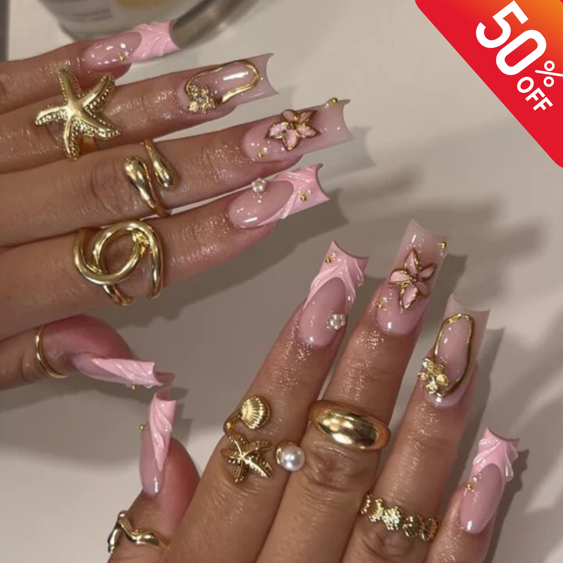 Luxury Pink French Tip Press On Nails | Gold Accent Floral Nail Art | Classy Long Fake Nails | 3D Flower, Pearl & Gem Press Ons