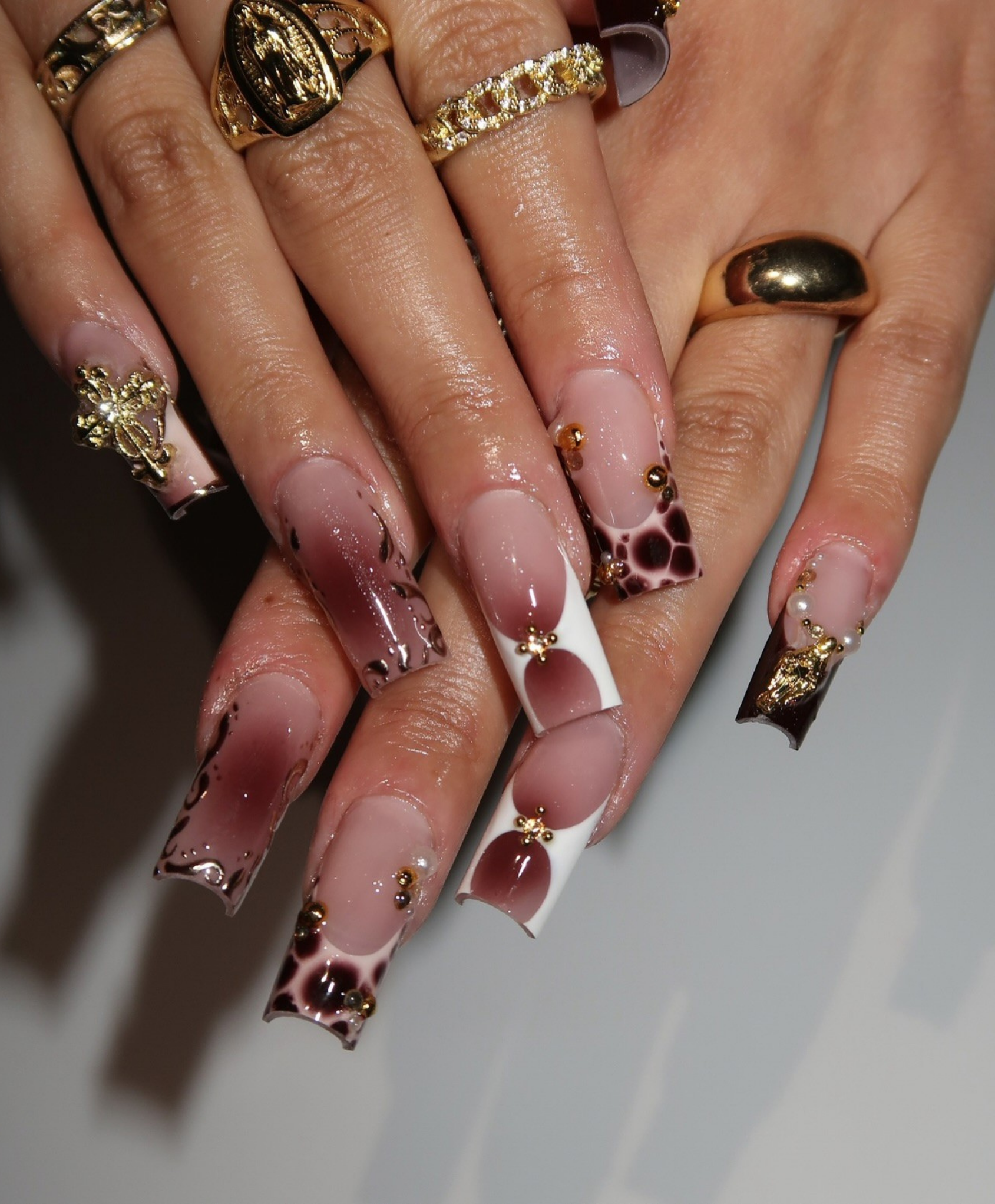 Handmade Dark Red Aura & Animal Print Press On Nails | Gothic Cross & Pearl Luxury Fake Nails | Long Square Burgundy Nails for Date Night