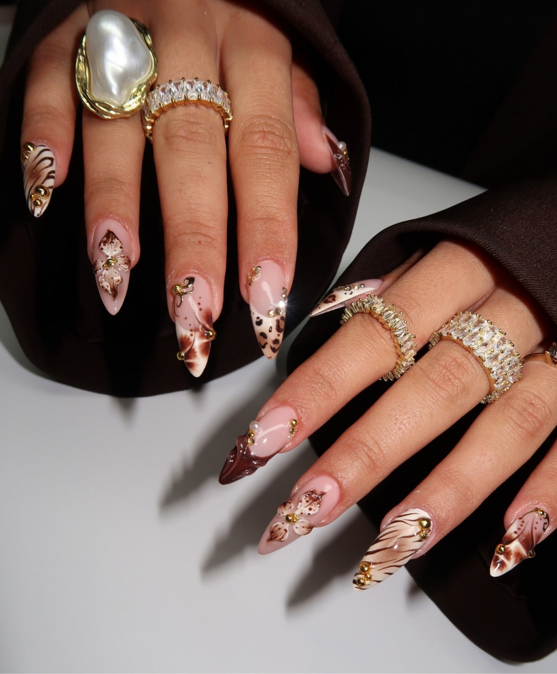 Handmade 3D Brown Floral & Animal Print Press On Nails | Sculpted Leopard Flower Luxury Fake Nails | Long Almond Fall Nails for Coffee Date