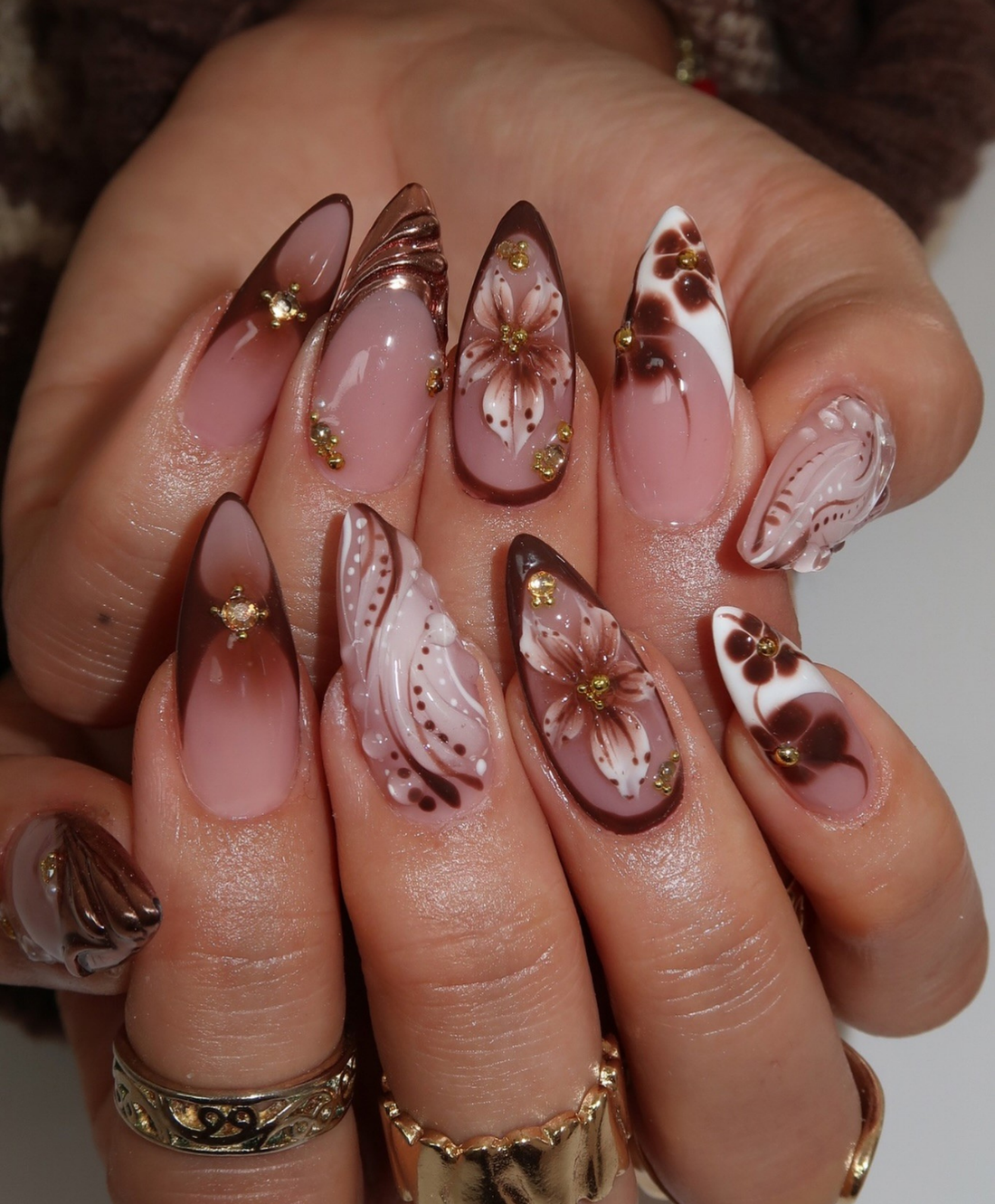 Handmade 3D Brown Floral & Shell Press On Nails | Chocolate Ombre Flower Luxury Fake Nails | Long Almond Autumn Nails for Coffee Date & Event
