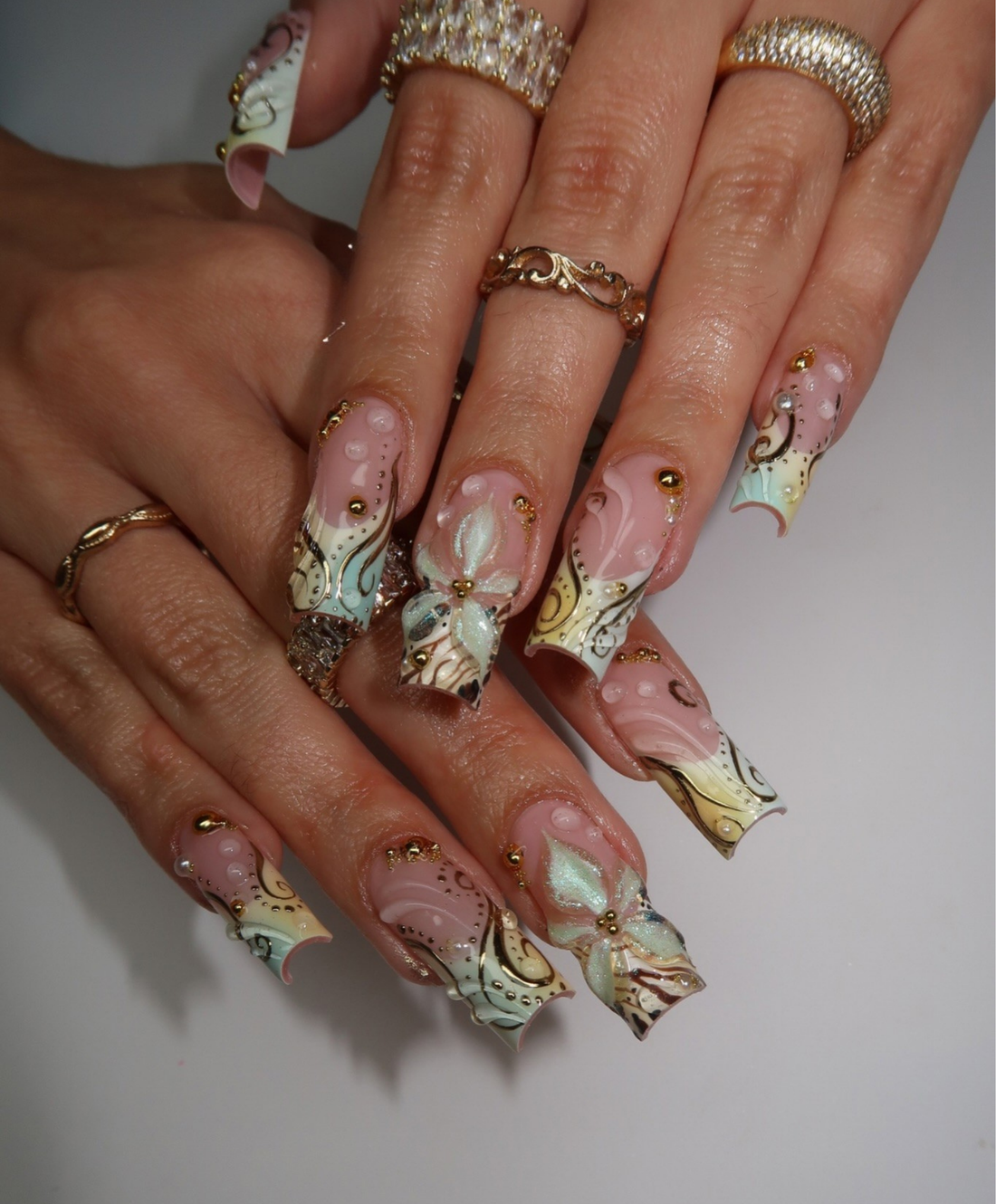 Hand-Painted 3D Flower & Gold Liquid Swirl Long Square Press On Nails - Luxury Y2K Animal Print Fake Nails - Event, Birthday, & Glam Nail Art