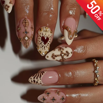 Golden Heart Baroque Press On Nails | Valentine Nails | Ivory Blush French Tips | Cross & Heart Nails | Vintage Religious Nail Art