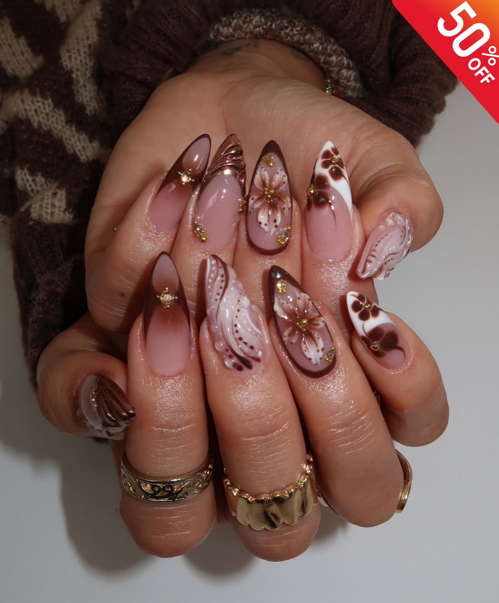 Handmade 3D Brown Floral & Shell Press On Nails | Chocolate Ombre Flower Luxury Fake Nails | Long Almond Autumn Nails for Coffee Date & Event