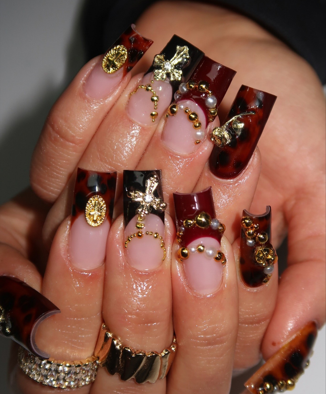 Hand-Painted Luxury Tortoiseshell & Burgundy 3D Cross Press On Nails | Gothic Baroque Gold Rose Long Square Nails | Fall Winter Nail Art
