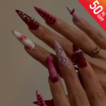 Gothic Glam Press On Nails | 3D Red Pink Chain Nail Art | Handmade Edgy Croc Texture Nails | Dark Romance Stiletto Nails | Y2K Nails