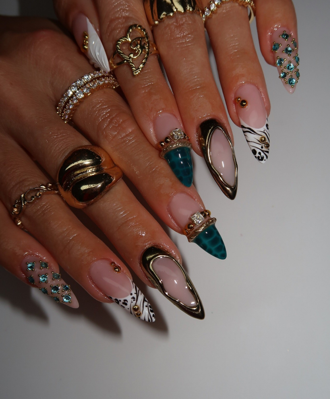 Hand-Painted 3D Liquid Gold & Teal Crocodile Long Almond Press On Nails - Luxury Mix & Match Y2K Nail Art - Birthday, Festival, Event Nails