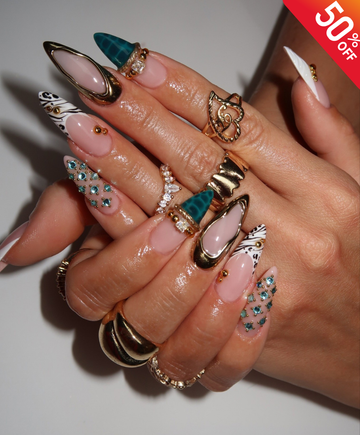 Hand-Painted 3D Liquid Gold & Teal Crocodile Long Almond Press On Nails - Luxury Mix & Match Y2K Nail Art - Birthday, Festival, Event Nails