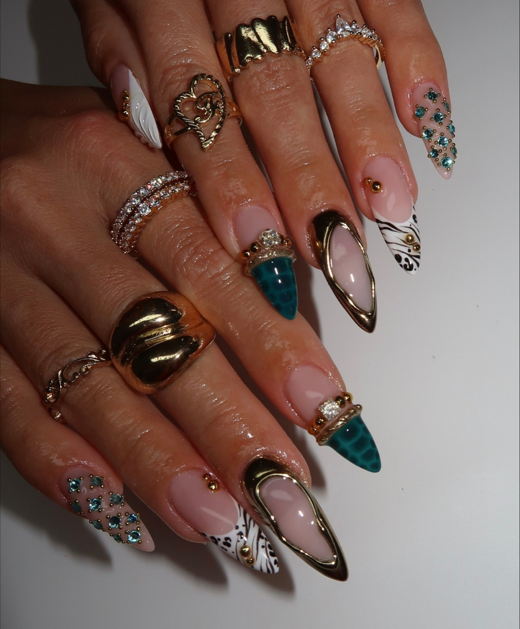 Hand-Painted 3D Liquid Gold & Teal Crocodile Long Almond Press On Nails - Luxury Mix & Match Y2K Nail Art - Birthday, Festival, Event Nails