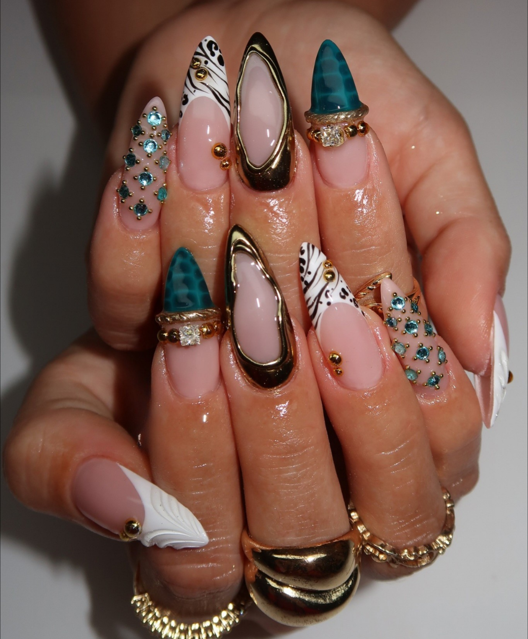 Hand-Painted 3D Liquid Gold & Teal Crocodile Long Almond Press On Nails - Luxury Mix & Match Y2K Nail Art - Birthday, Festival, Event Nails
