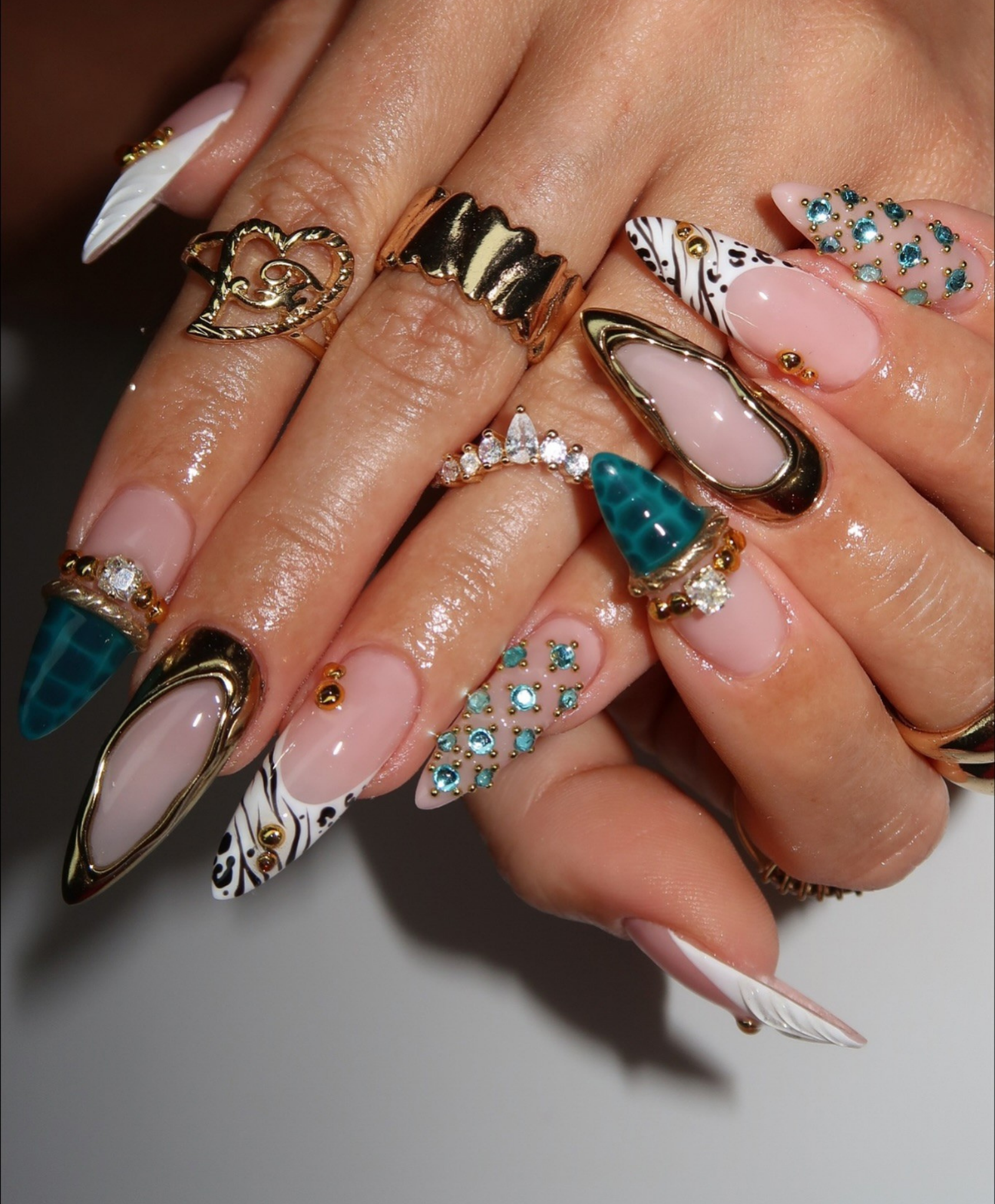 Hand-Painted 3D Liquid Gold & Teal Crocodile Long Almond Press On Nails - Luxury Mix & Match Y2K Nail Art - Birthday, Festival, Event Nails